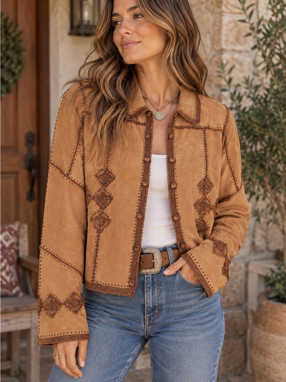 Carducci Women’s 100% Suede Leather Jacket Crochet Trim Boho Western Coat #942CL